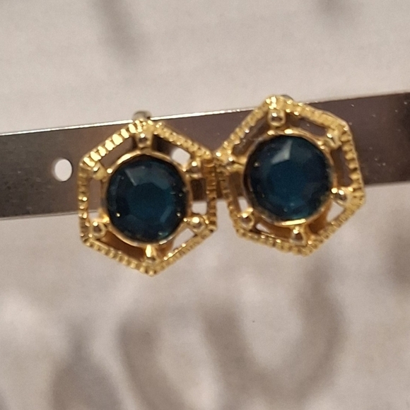 None Jewelry - Vintage Gold and Blue Hexagon Clip-on Earrings